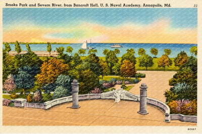 Smoke Park and Severn River, from Bancroft Hall, U. S. Naval Academy, Annapolis, MD — Vintage Maryland Postcard