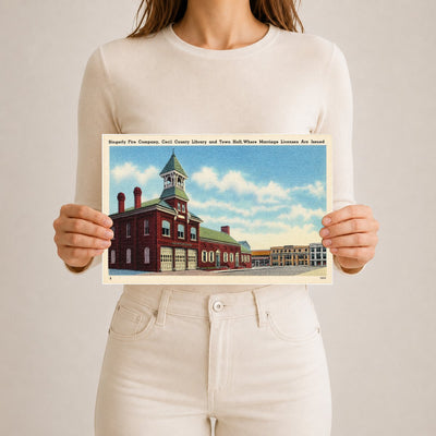 Singerly Fire Company, Cecil County Library and Town Hall, where marriage licenses are issued — Vintage Maryland Postcard