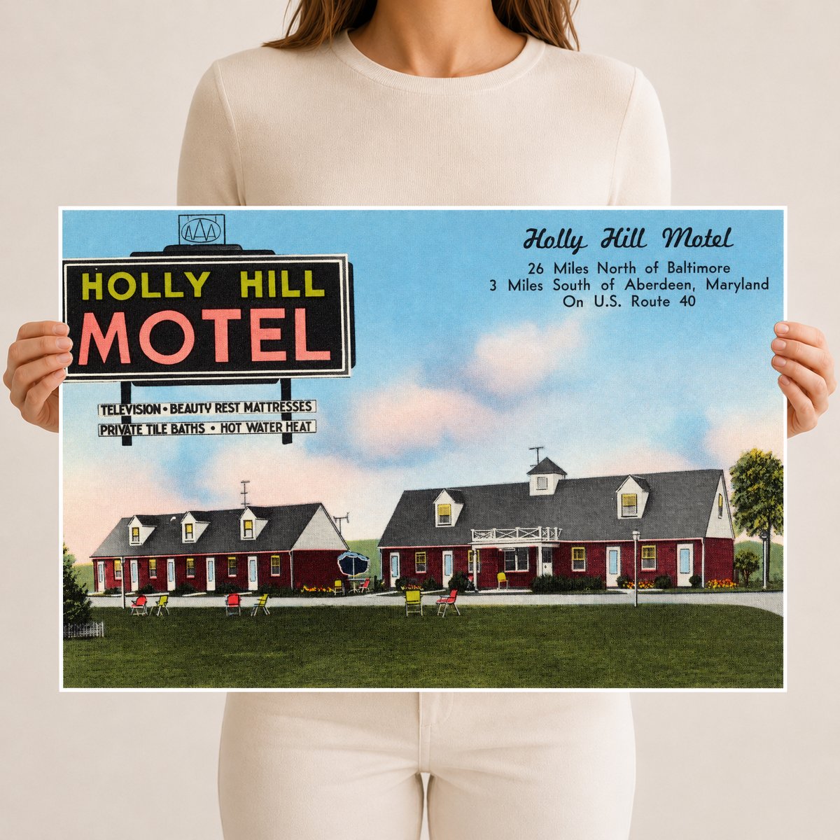 Holly Hill Motel, 26 miles north of Baltimore, 3 miles south of Aberdeen, Maryland, on U. S. Route 40 — Vintage Maryland Postcard