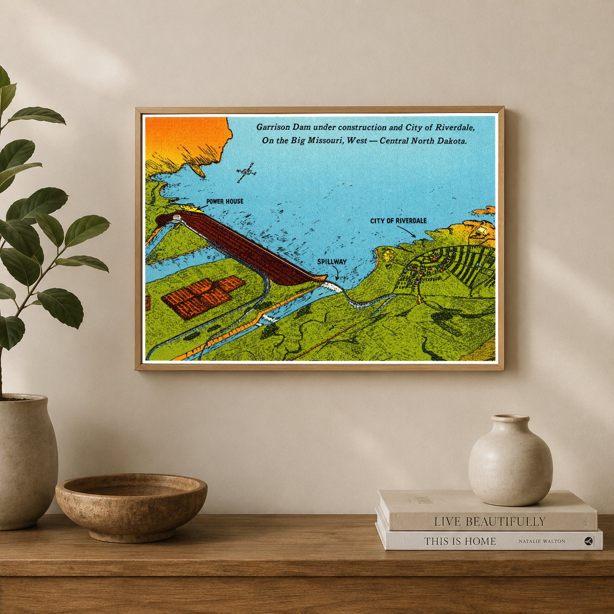 Sakakawea, Lake, ND: Garrison Dam under construction and city of Riverdale, on the Big Missouri, West -- Central North Dakota