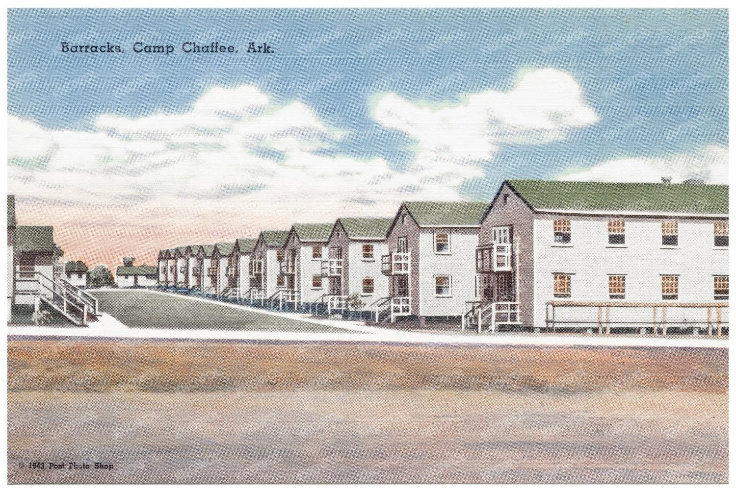 Camp Chaffee Barracks Postcard 1940s Vintage Military Image - Available at KNOWOL