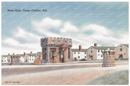 Camp Chaffee Main Gate Postcard 1930 - 1945 - Available at KNOWOL