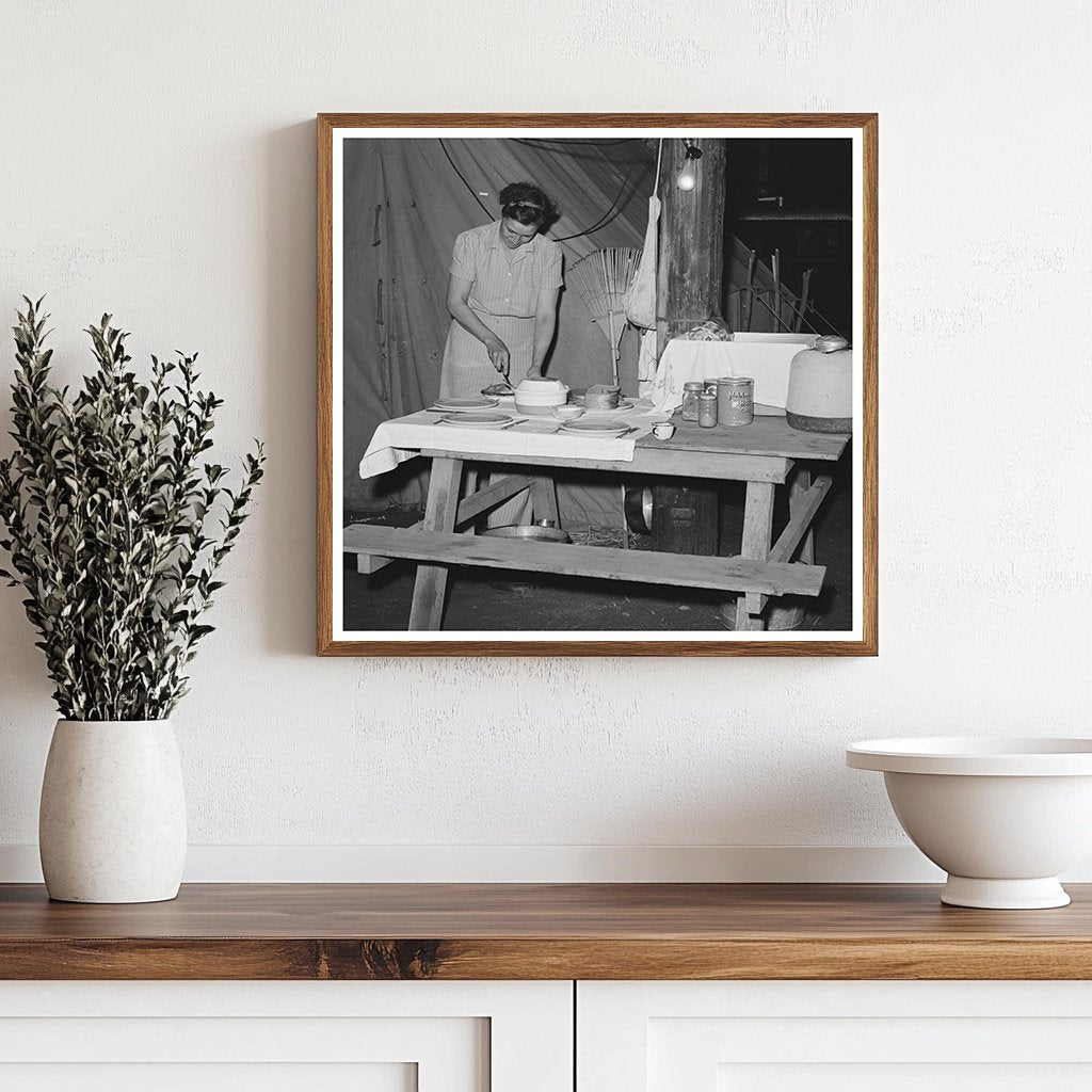 Carpenters Wife Setting Table Outside Tent Home 1940 - Available at KNOWOL