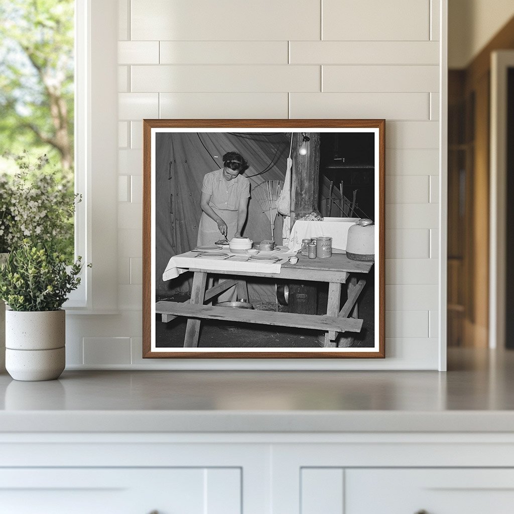 Carpenters Wife Setting Table Outside Tent Home 1940 - Available at KNOWOL