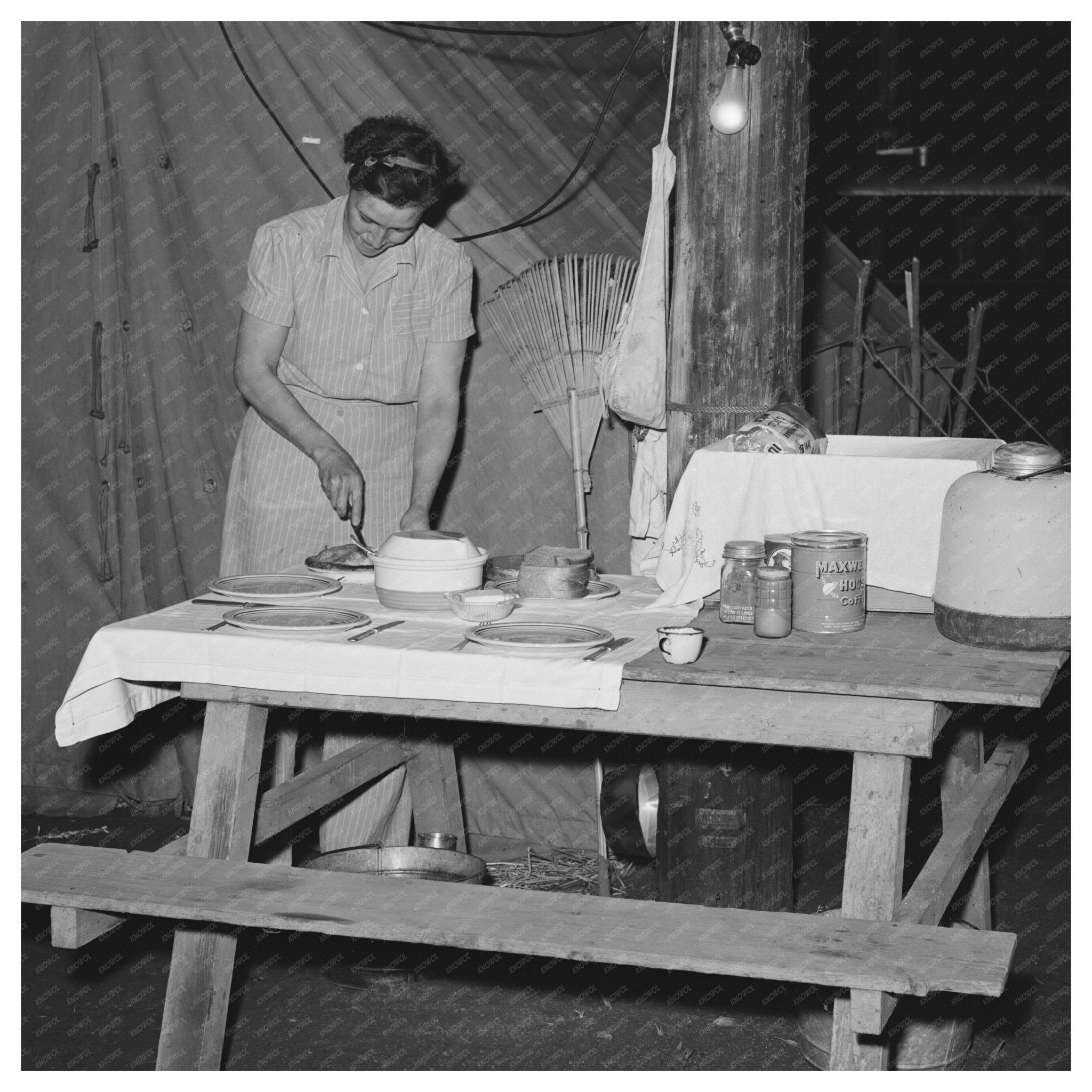 Carpenters Wife Setting Table Outside Tent Home 1940 - Available at KNOWOL