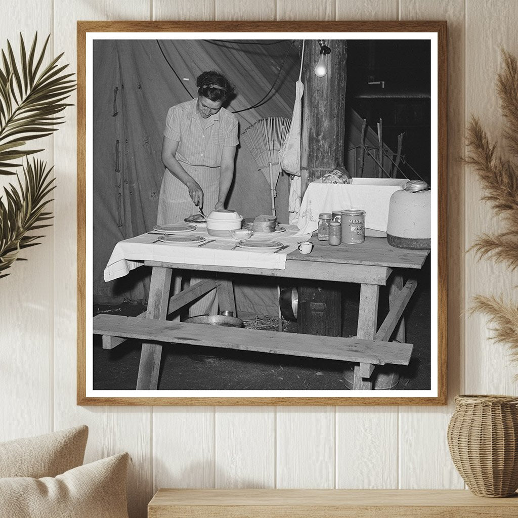 Carpenters Wife Setting Table Outside Tent Home 1940 - Available at KNOWOL