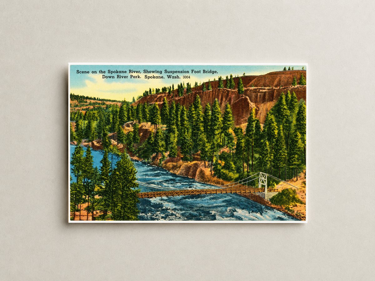 Spokane, WA: Scene on the Spokane River, showing suspension foot bridge, Down River Park