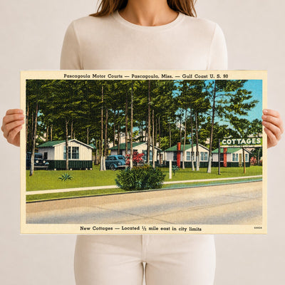 Pascagoula, MS: Pascagoula Motor Courts -- Pascagoula, Miss. -- Gulf Coast U.S. 90, new cottages -- Located 1/2 miles east in city limits