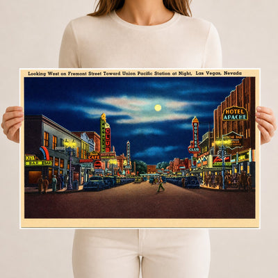 Las Vegas, NV: Looking west on Fremont Street towards Union Pacific Station at night