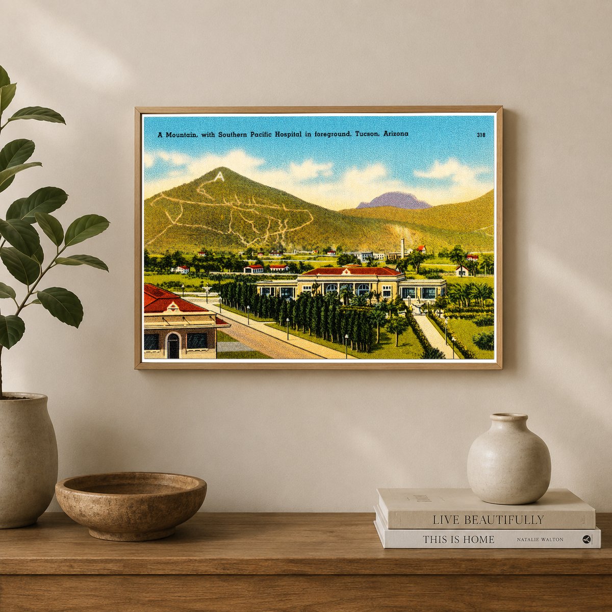 Tucson, AZ: A mountain with Southern Pacific Hospital in fore ground