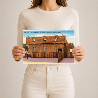 The first fort -- a replica at Plimoth Plantation, Plymouth, Mass. — Vintage Maryland Postcard