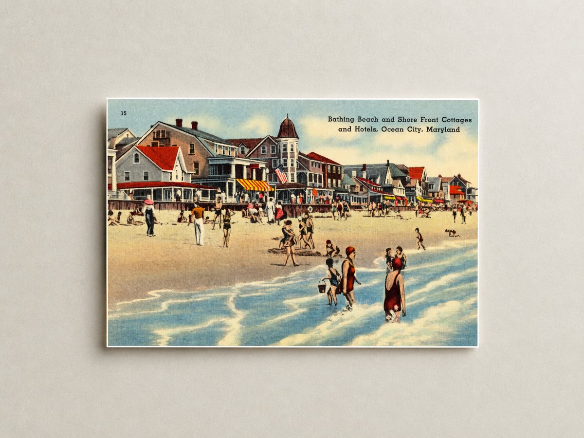 Bathing Beach and shore front cottages and hotels, Ocean City, Maryland — Vintage Maryland Postcard