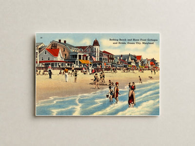Bathing Beach and shore front cottages and hotels, Ocean City, Maryland — Vintage Maryland Postcard