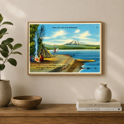 Portland, OR: Indian John, last of the Multnomahs. On bank of Columbia near bridge of the Gods, Mount Hood in background