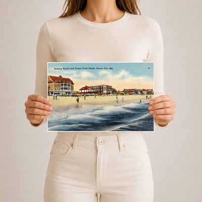 Bathing Beach and ocean front hotels, Ocean City, MD — Vintage Maryland Postcard
