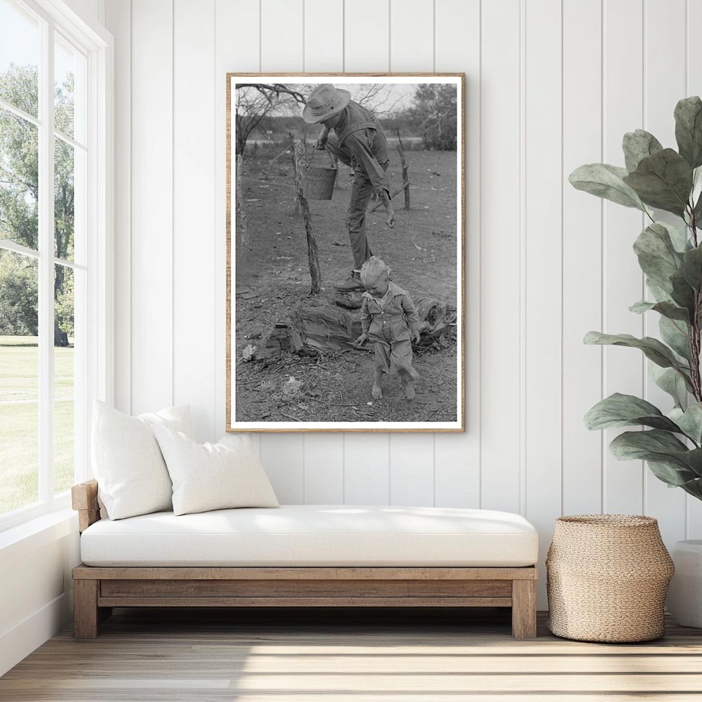 Child Climbing Fence with Water Pail Texas 1939 - Available at KNOWOL