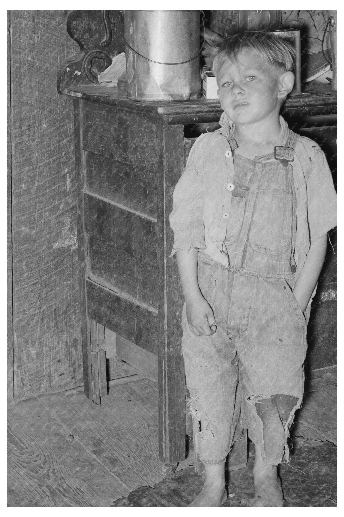 Child in 1939 Oklahoma Kitchen with Lard Pail - Available at KNOWOL