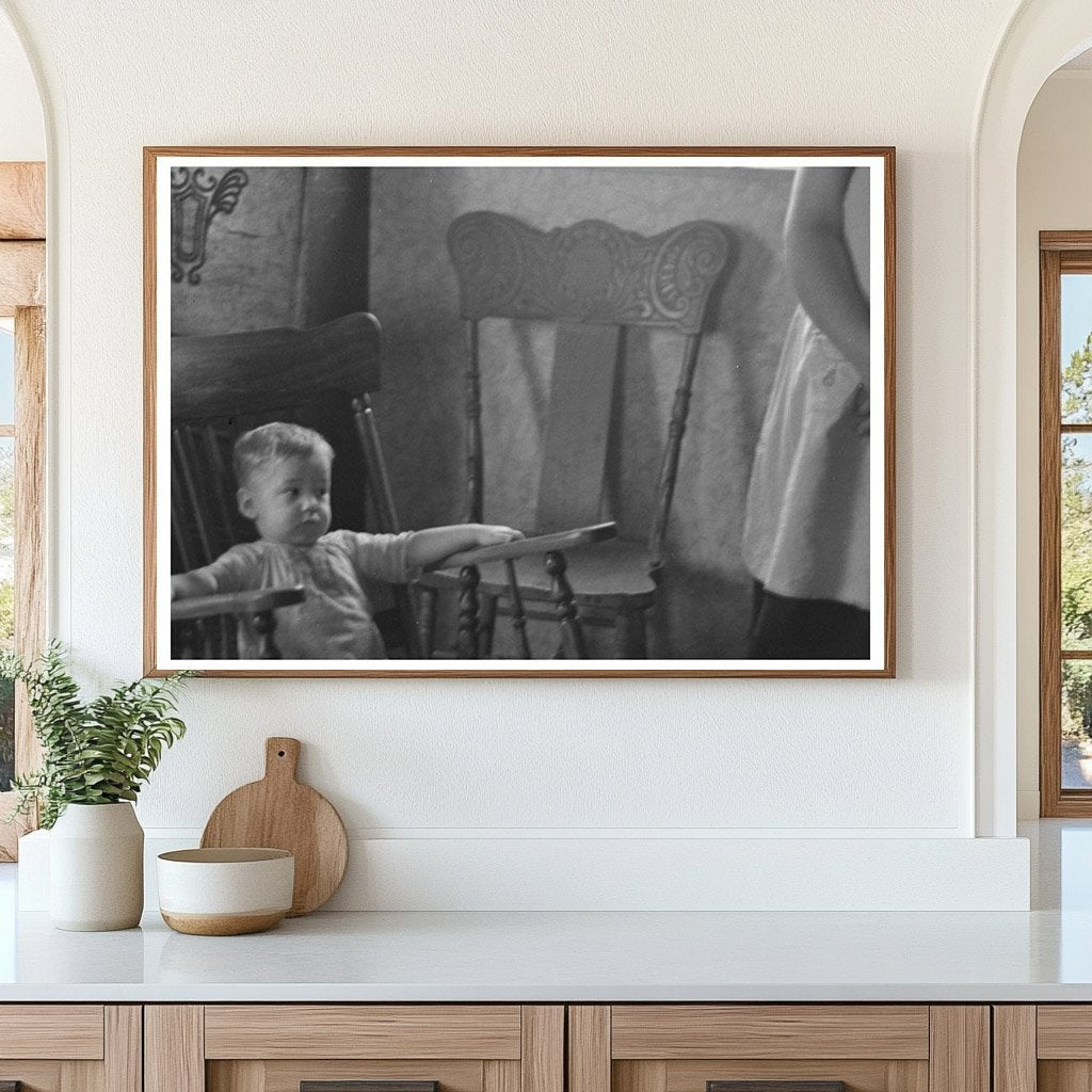 Child in Rocking Chair Outside Shack Dickens Iowa 1936 - Available at KNOWOL