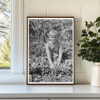 Child on Kansas Farm with String Bean Vines August 1939 - Available at KNOWOL