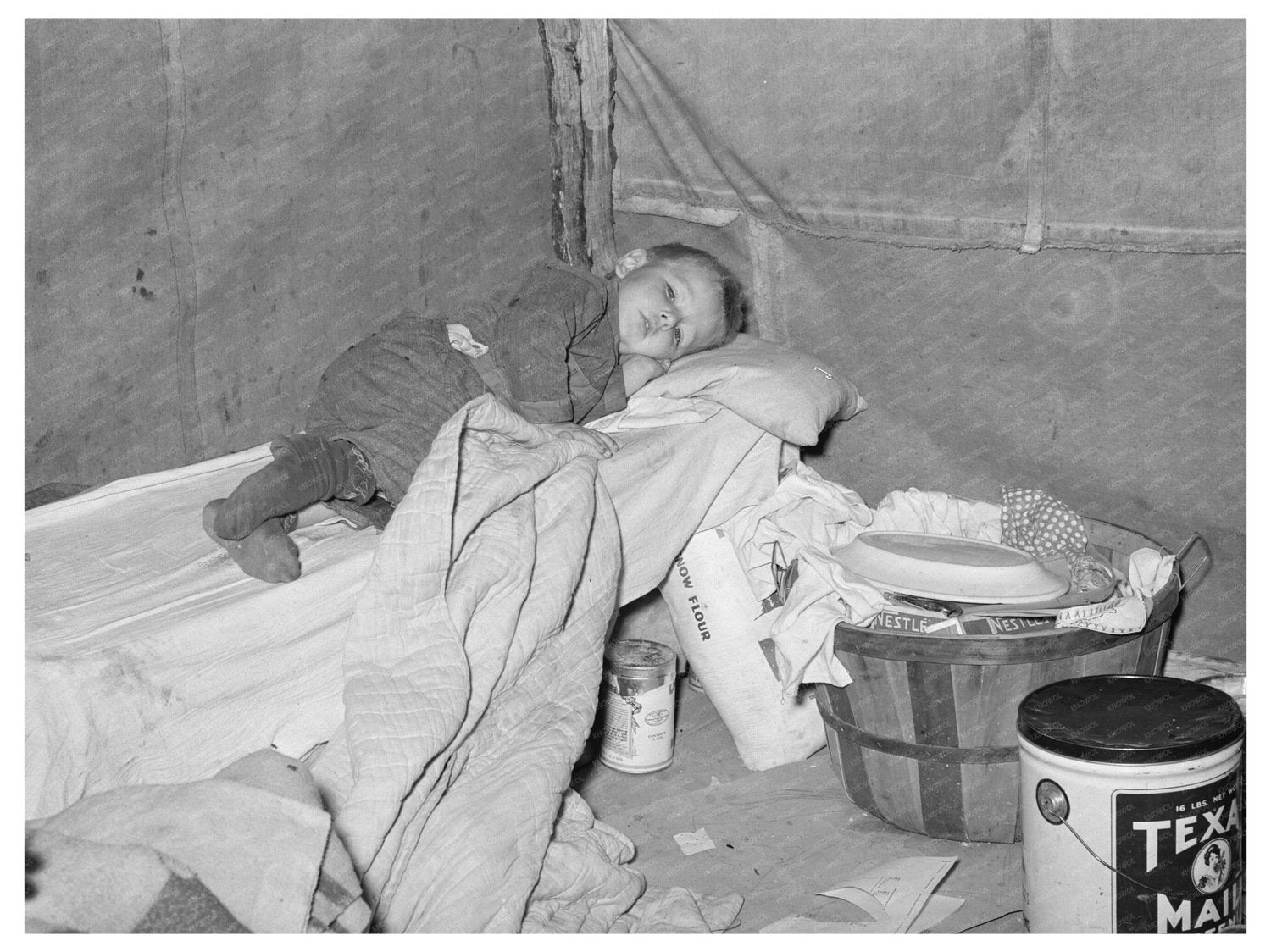 Child with Measles in Migrant Camp Edinburg Texas 1939 - Available at KNOWOL