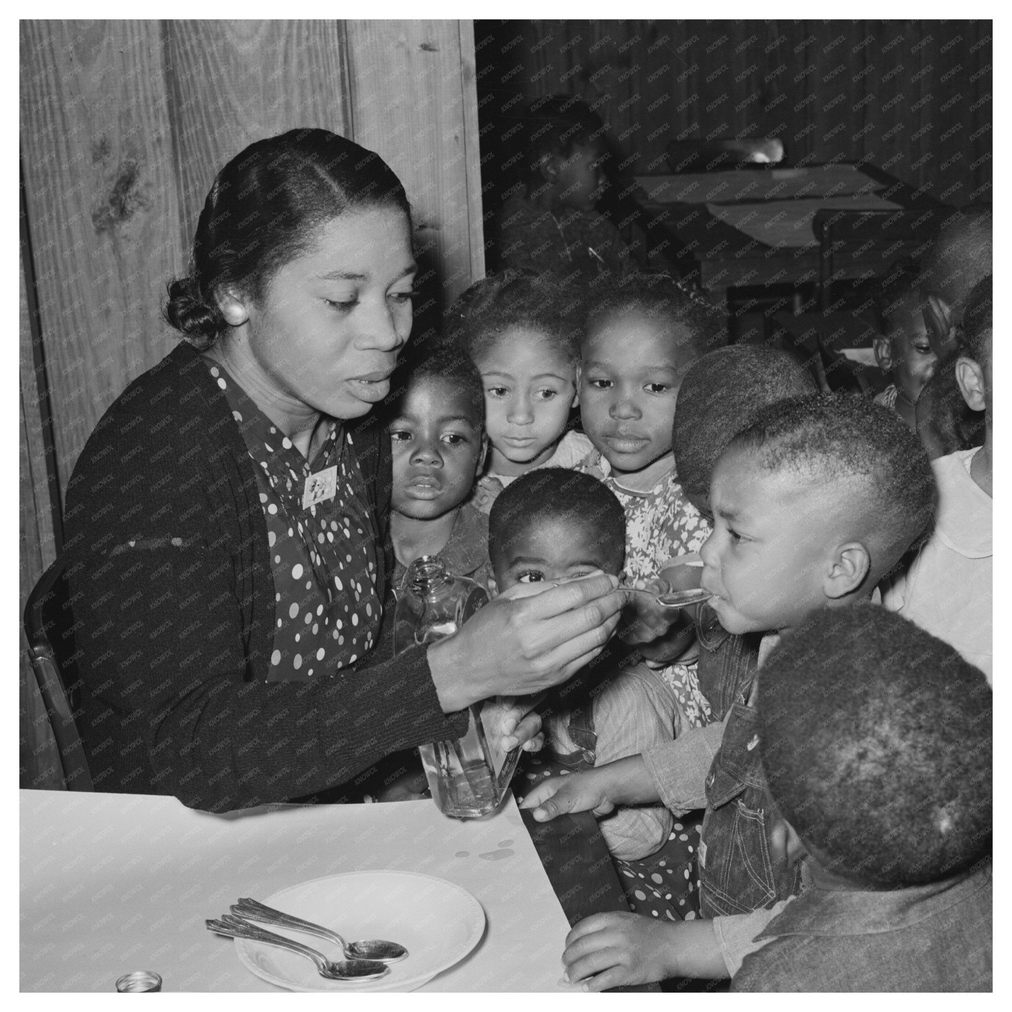 Children in Nursery School Taking Cod Liver Oil 1938 - Available at KNOWOL