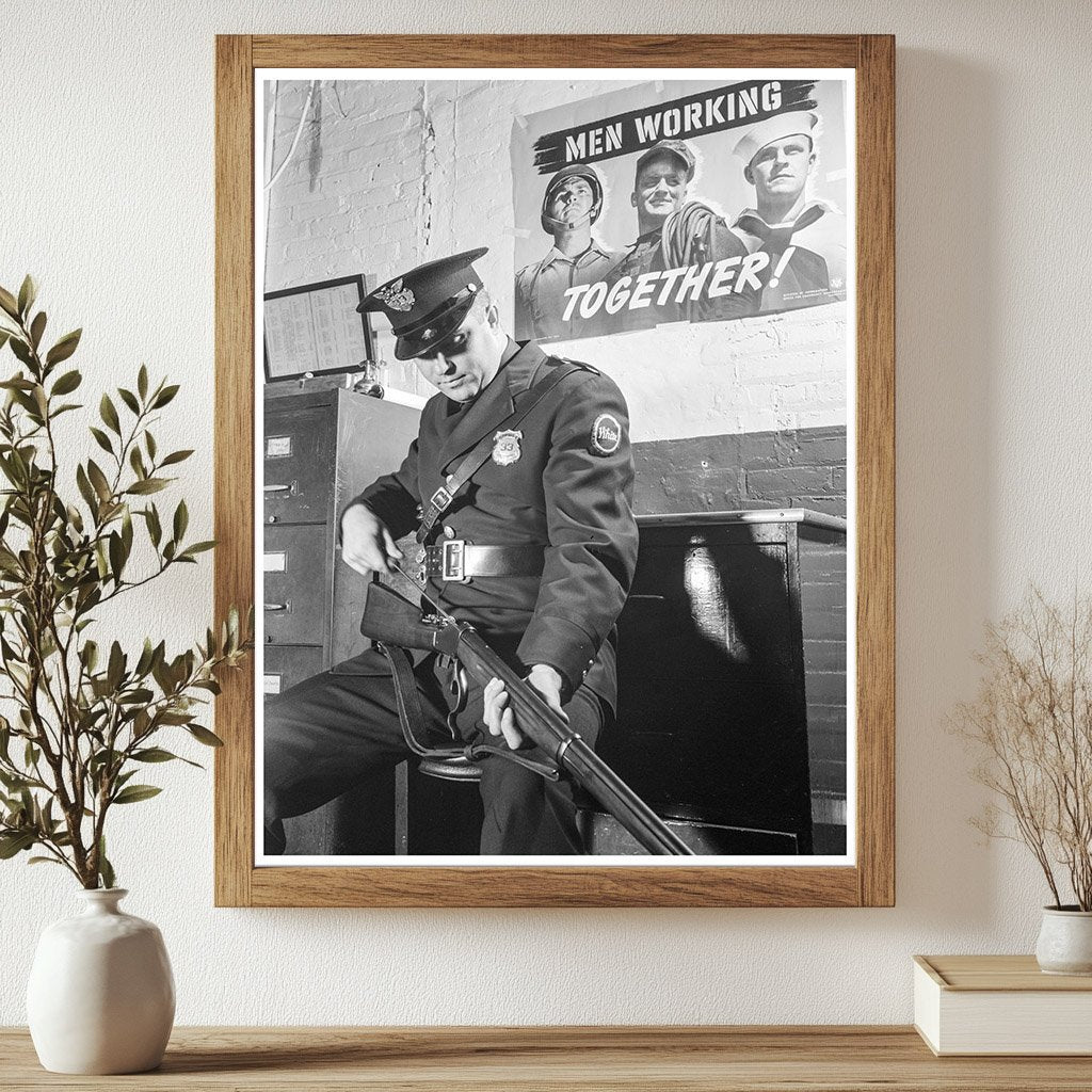 Cleveland Patrolman with Rifle at Defense Plant 1941 - Available at KNOWOL