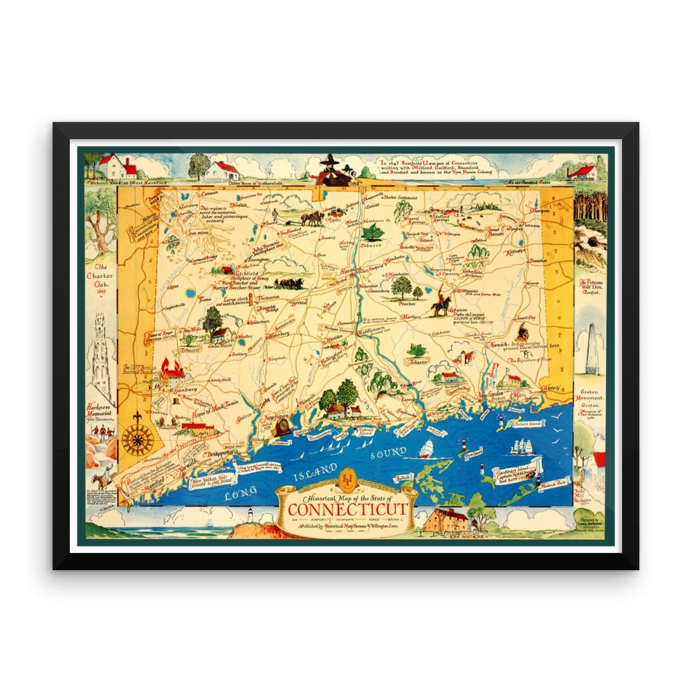 Connecticut Historical Map, 1937 Framed - Available at KNOWOL