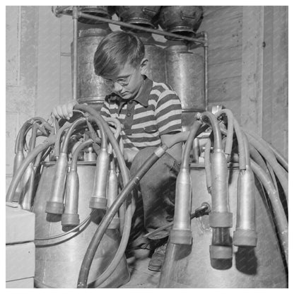 Conrad Ormsbee with Electric Milkers in East Montpelier 1944 - Available at KNOWOL