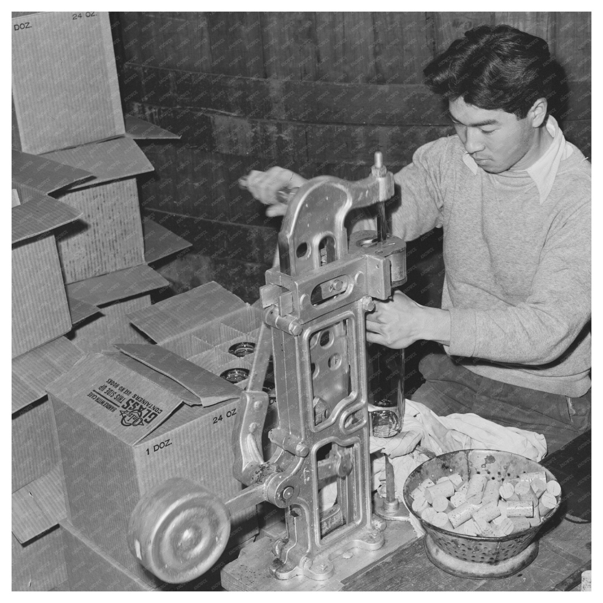 Corking Champagne Bottles at Sonoma Winery 1942 - Available at KNOWOL