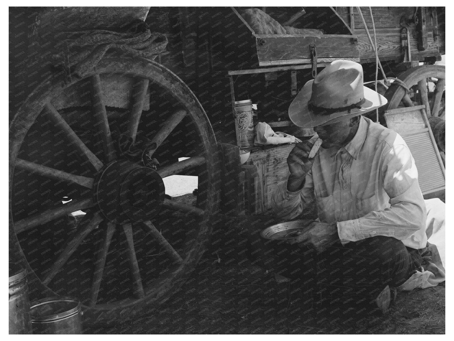Cowboy Dining by Chuck Wagon SMS Ranch Texas 1939 - Available at KNOWOL