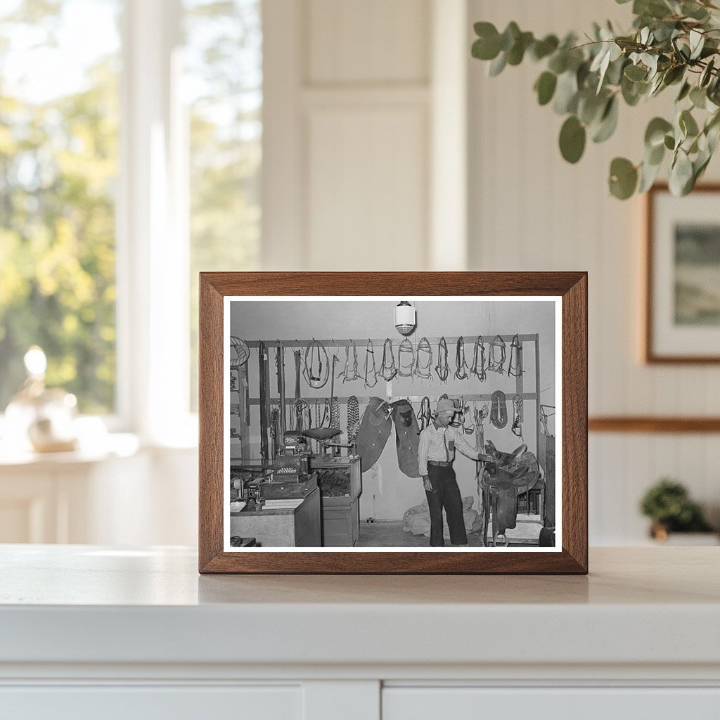 Cowboy Examining Saddle in Brewster County Texas 1939 - Available at KNOWOL