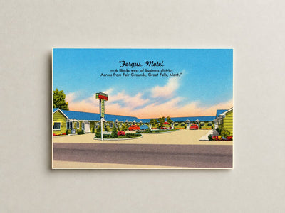 Great Falls, MT: "Fergus Motel -- 6 blocks West of Business District, across from Fair Grounds, Great Falls, Mont."
