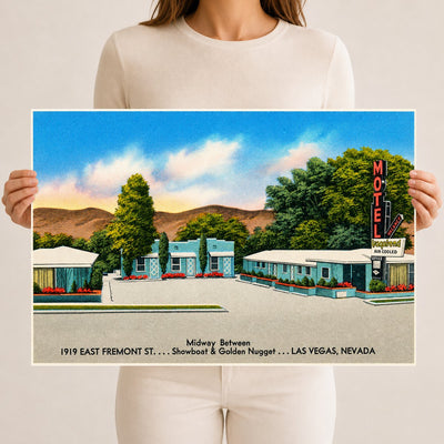 Las Vegas, NV: Vagabond Motel, midway between 1919 East Fremont St.... Showboat & Golden Nugget... Las Vegas