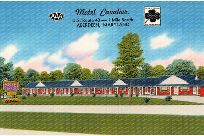 Motel Cavalier, U. S. Route 40 -- 1 mile south, Aberdeen, Maryland — Vintage Maryland Postcard