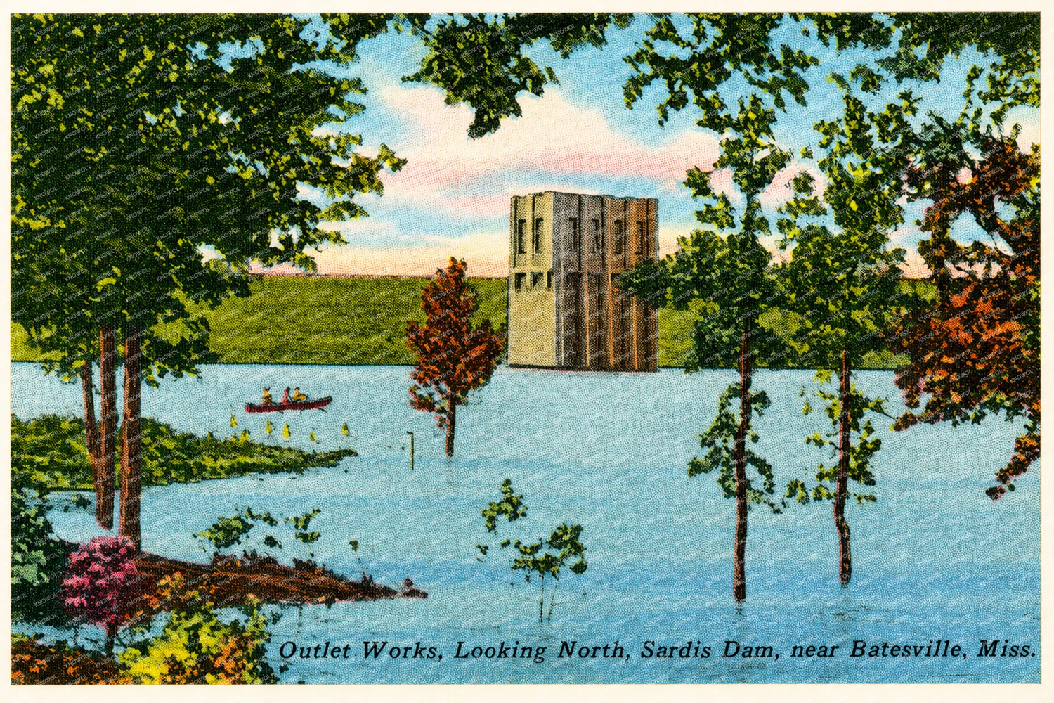 Sardis Lake, MS: Outlet works, looking north, Sardis Dam, near Batesville