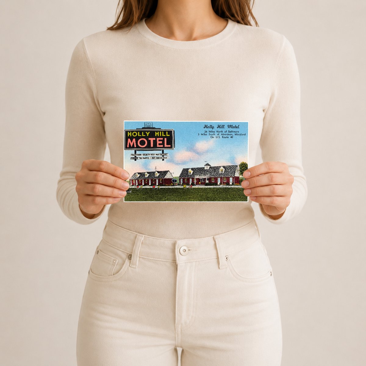 Holly Hill Motel, 26 miles north of Baltimore, 3 miles south of Aberdeen, Maryland, on U. S. Route 40 — Vintage Maryland Postcard