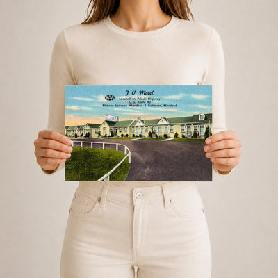 J. V. Motel, located on Pulaski Highway, U. S. Route 40 midway between Aberdeen & Baltimore, Maryland — Vintage Maryland Postcard