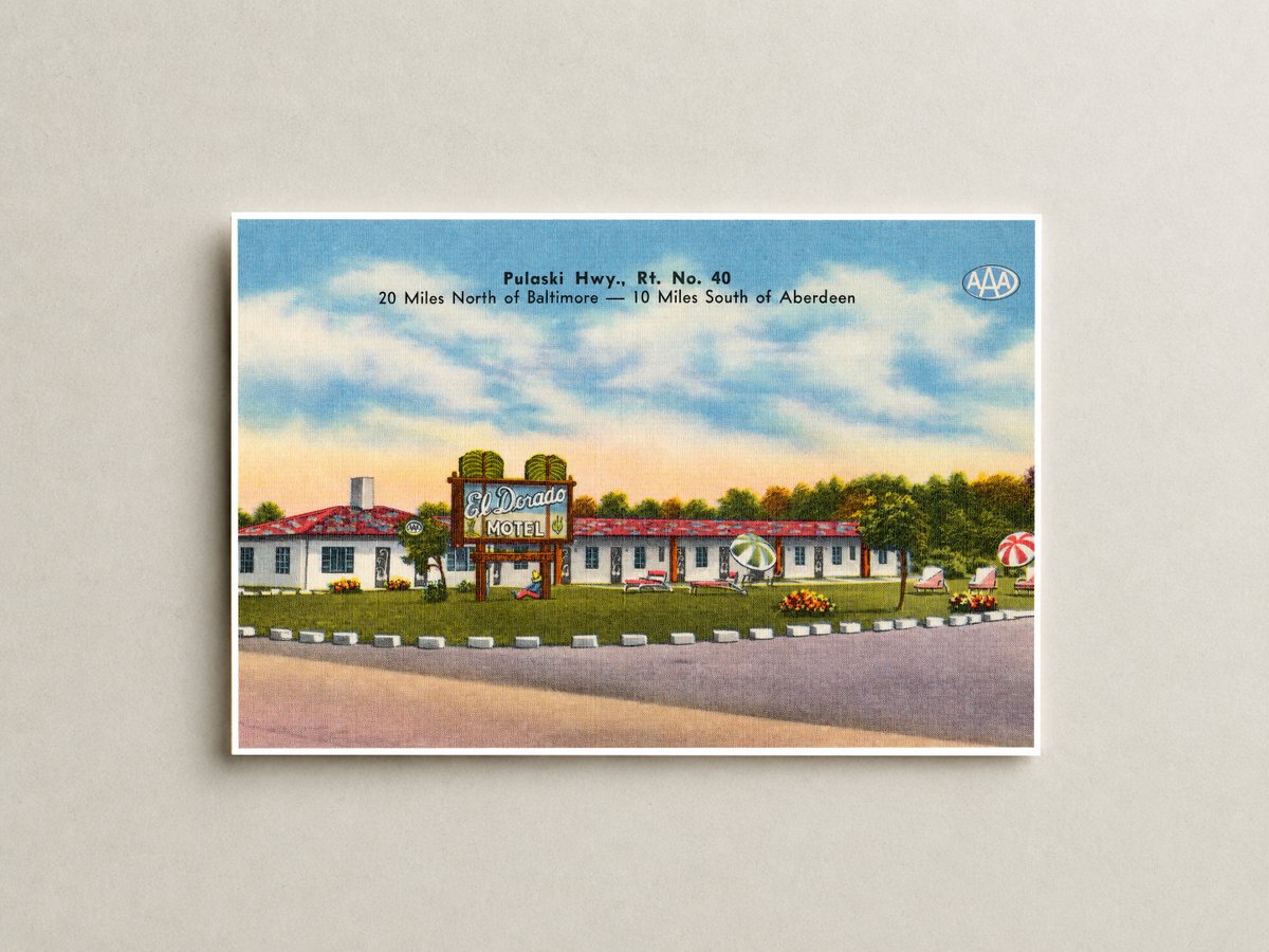 El Dorado Motel, Pulaski Hwy., Rt. No. 40, 20 miles north of Baltimore -- 10 miles south of Aberdeen — Vintage Maryland Postcard