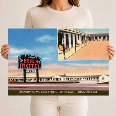 New Beach Motel, Philadelphia Ave., & 26th Street... on the beach... Ocean City, MD — Vintage Maryland Postcard