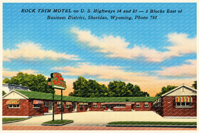 Sheridan, WY: Rock Trim Motel on U.S. highways 14 and 87 -- 5 blocks east of Business District, Sheridan, Wyoming, phone 793