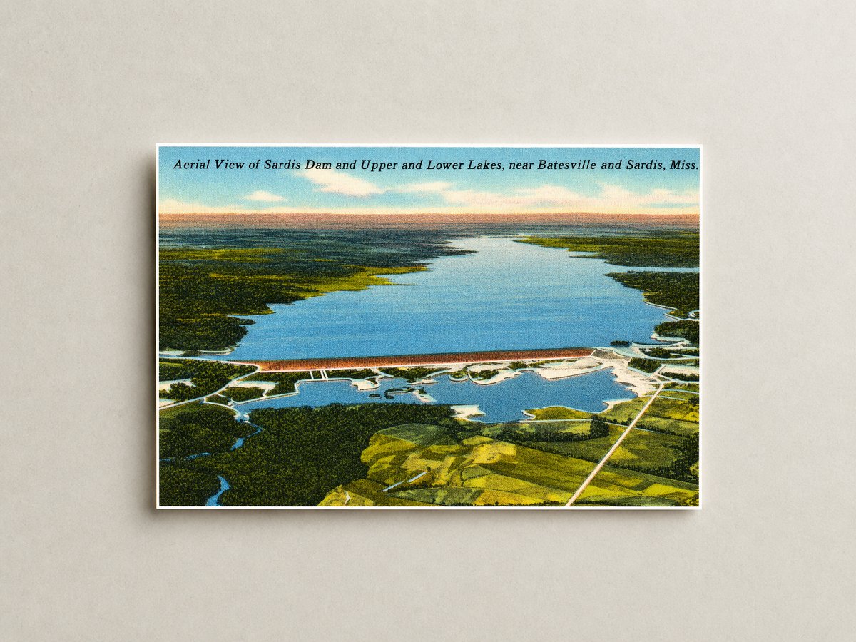 Sardis Lake, MS: Aerial view of Sardis Dam and upper and lower lakes, near Batesville and Sardis
