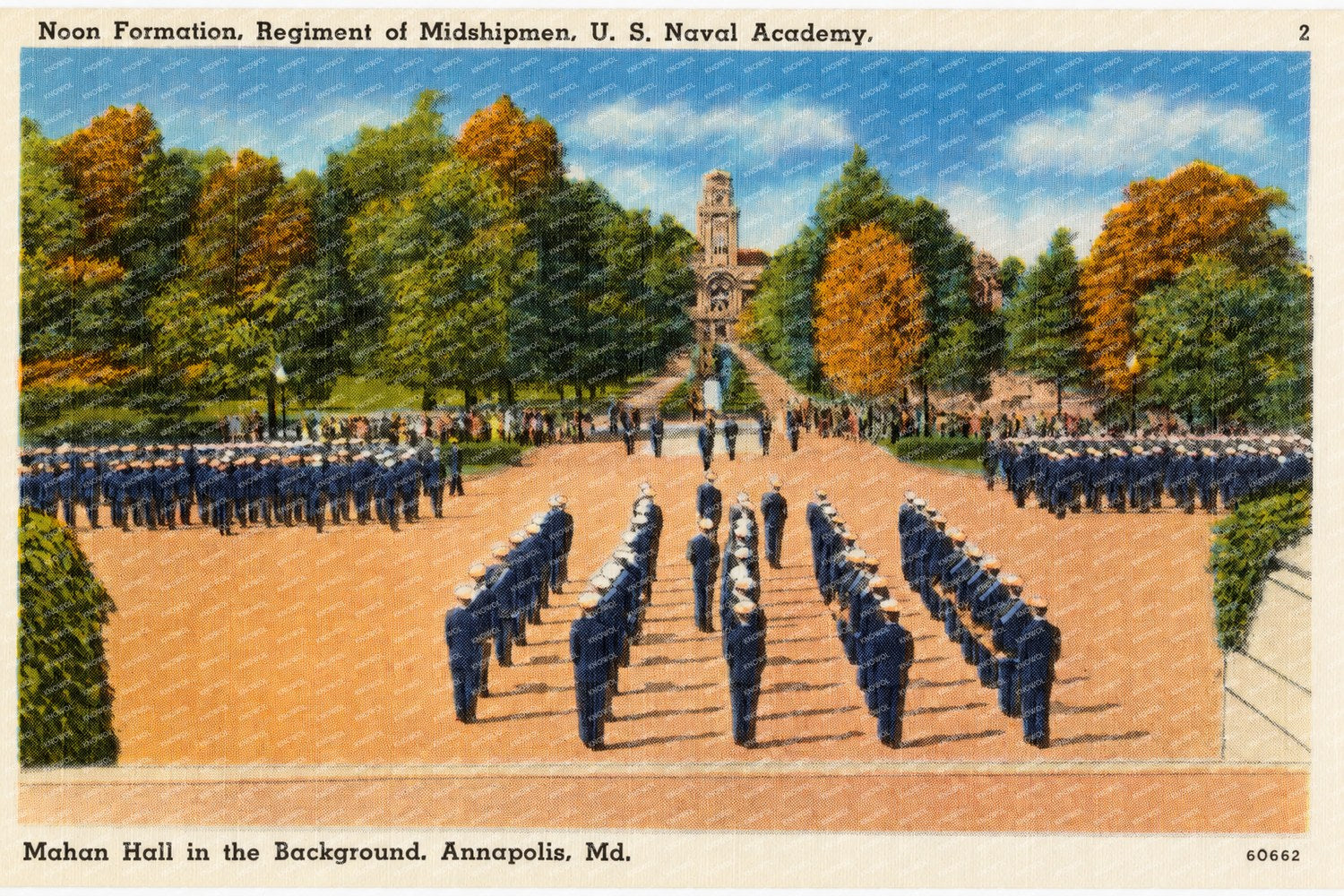 Noon formation, regiment of Midshipmen, U. S. Naval Academy, Mahan Hall in background, Annapolis, MD — Vintage Maryland Postcard