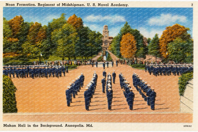 Noon formation, regiment of Midshipmen, U. S. Naval Academy, Mahan Hall in background, Annapolis, MD — Vintage Maryland Postcard