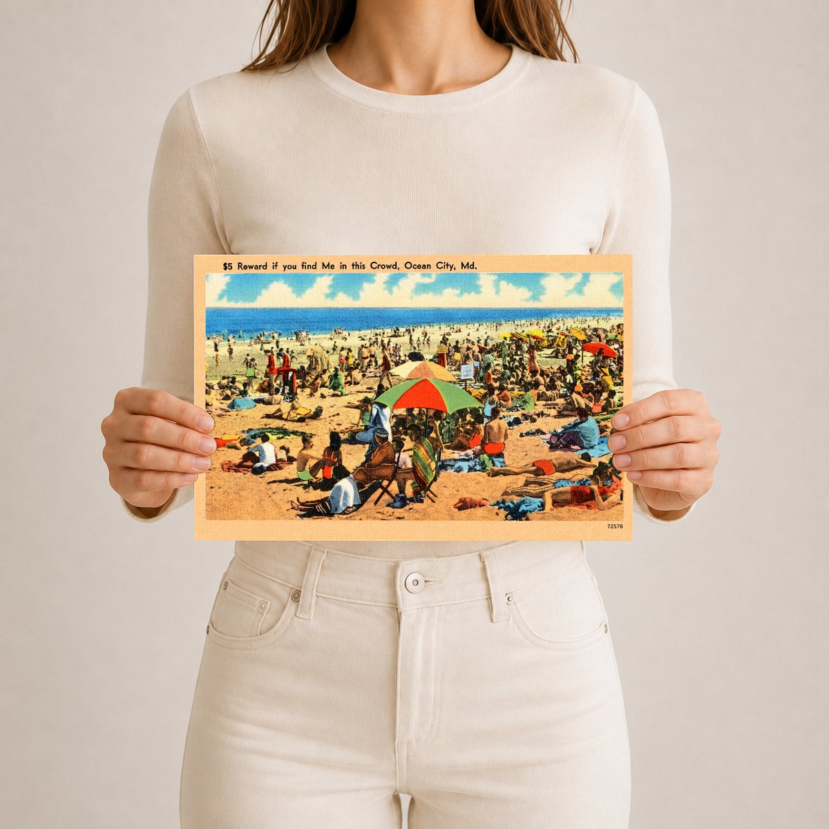 $5 Reward if you find me in this crowd, Ocean City, MD — Vintage Maryland Postcard