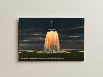 World War Memorial and Fountain at night, Cambridge, Maryland — Vintage Maryland Postcard