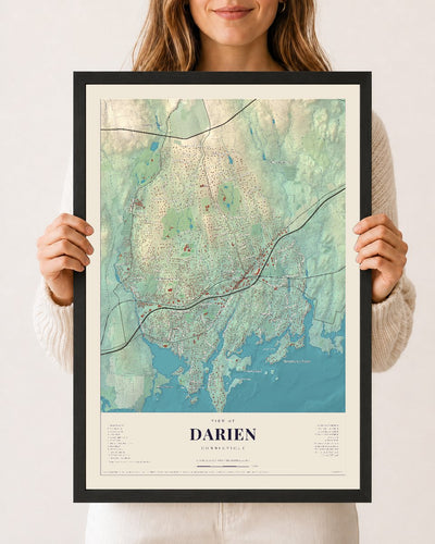 Darien, Connecticut map print, 12 x 18 in black wood frame