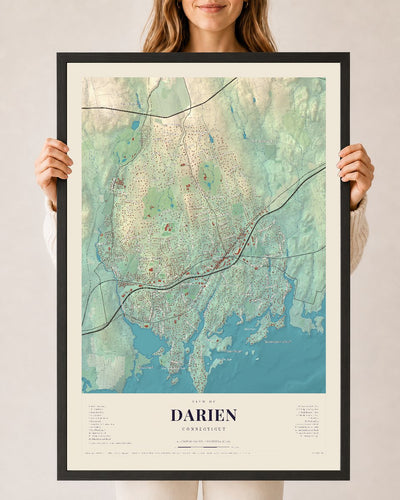 Darien, Connecticut map print, 24 x 36 in black wood frame