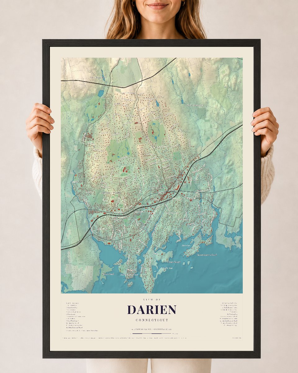 Darien, Connecticut map print, 24 x 36 in black wood frame