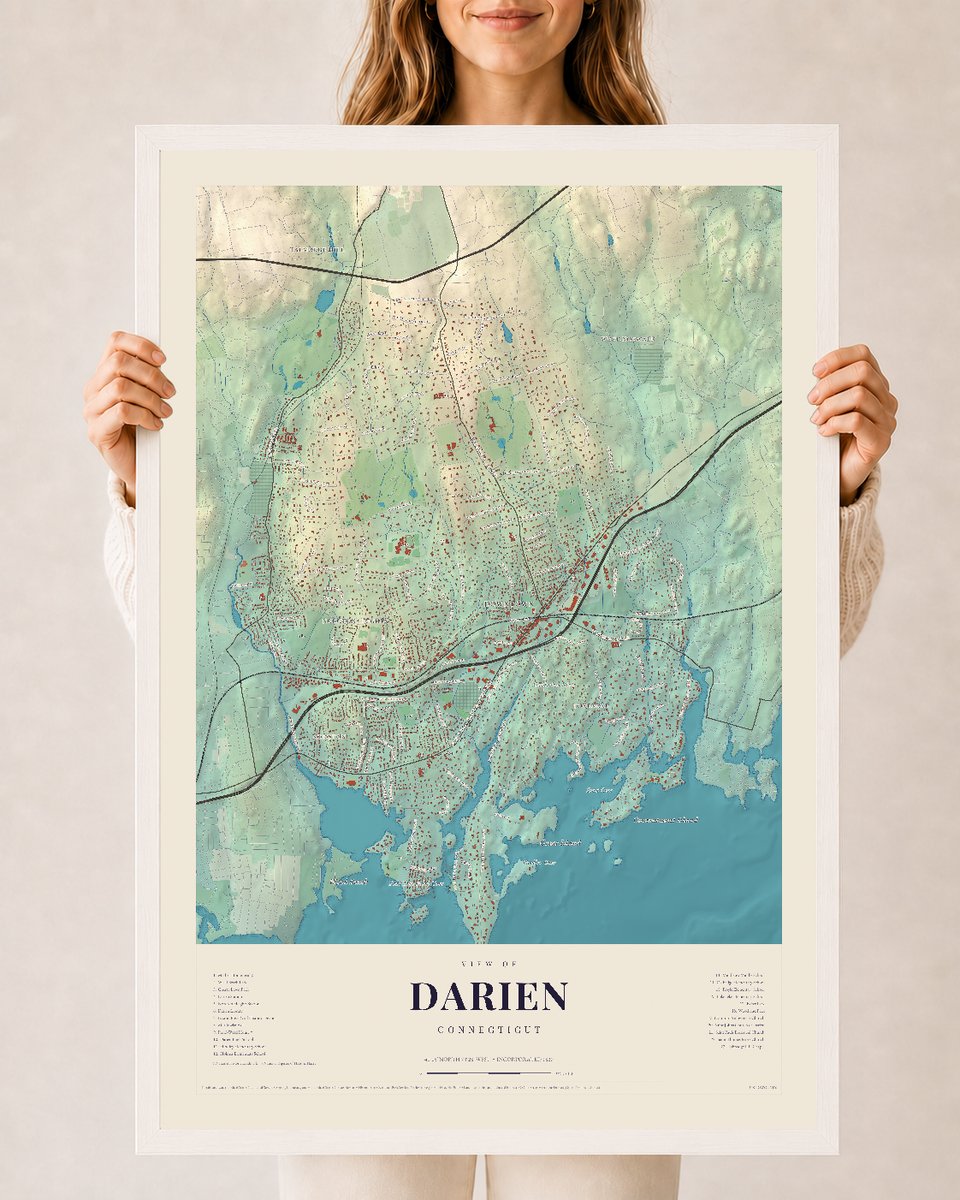 Darien, Connecticut map print, 24 x 36 in white wood frame