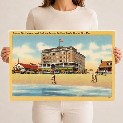 George Washington Hotel, Jackson Casino, Bathing Beach, Ocean City, MD — Vintage Maryland Postcard